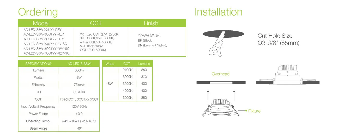 3" LED RECESSED GIMBAL - SQUARE - 8W - 5CCT