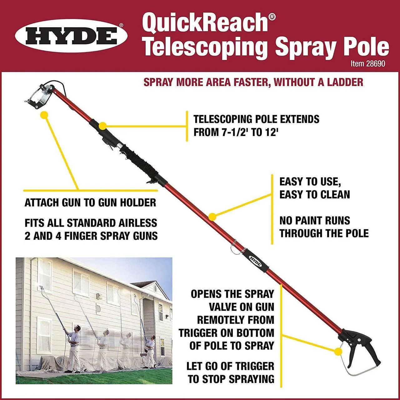 5.5' - 8.5' Hyde QuickReach Medium Telescoping Spray Pole, Reaching Second Stories Without Ladders