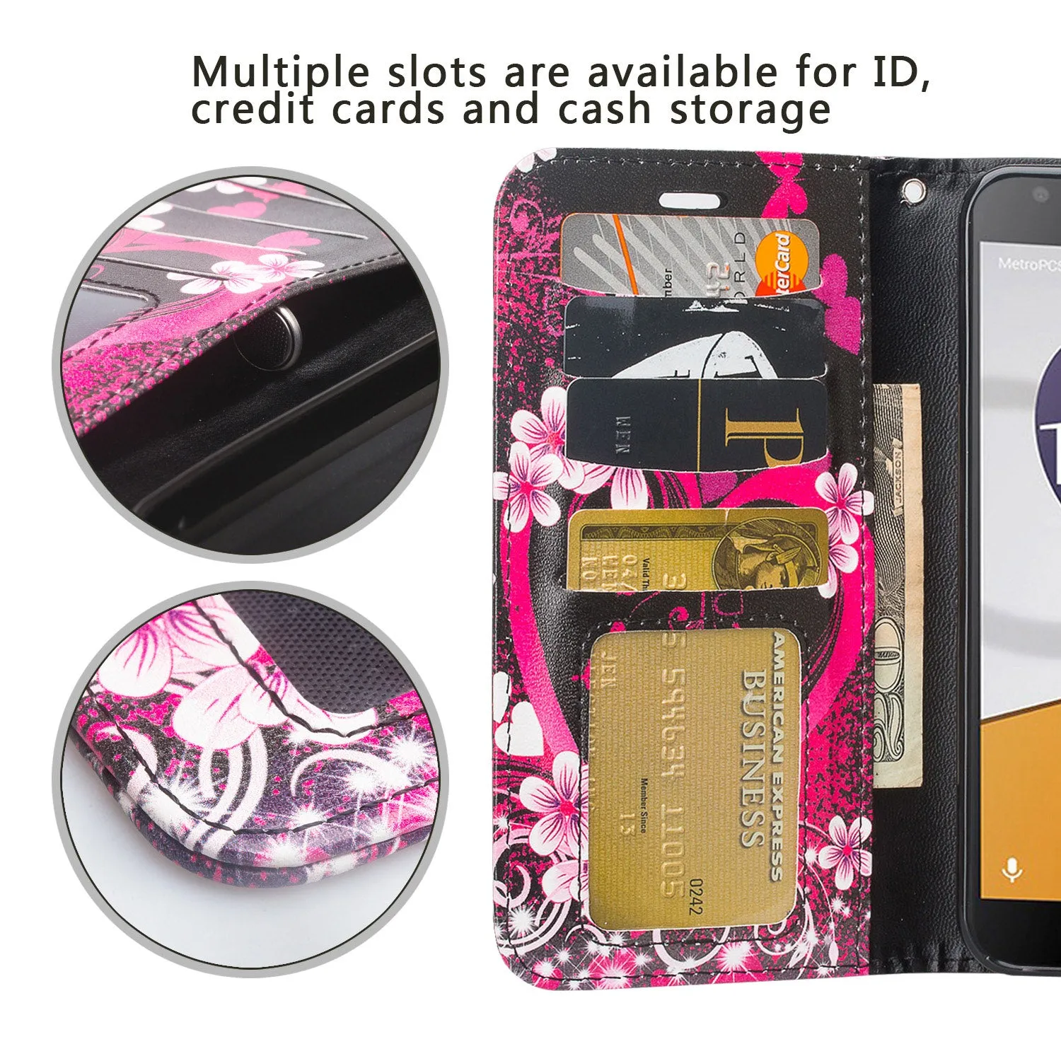 Alcatel Fierce XL2 Case, Fierce XL2 Wallet Case, Wrist Strap Pu Leather Wallet Case [Kickstand] with ID & Credit Card Slots - Heart Butterflies