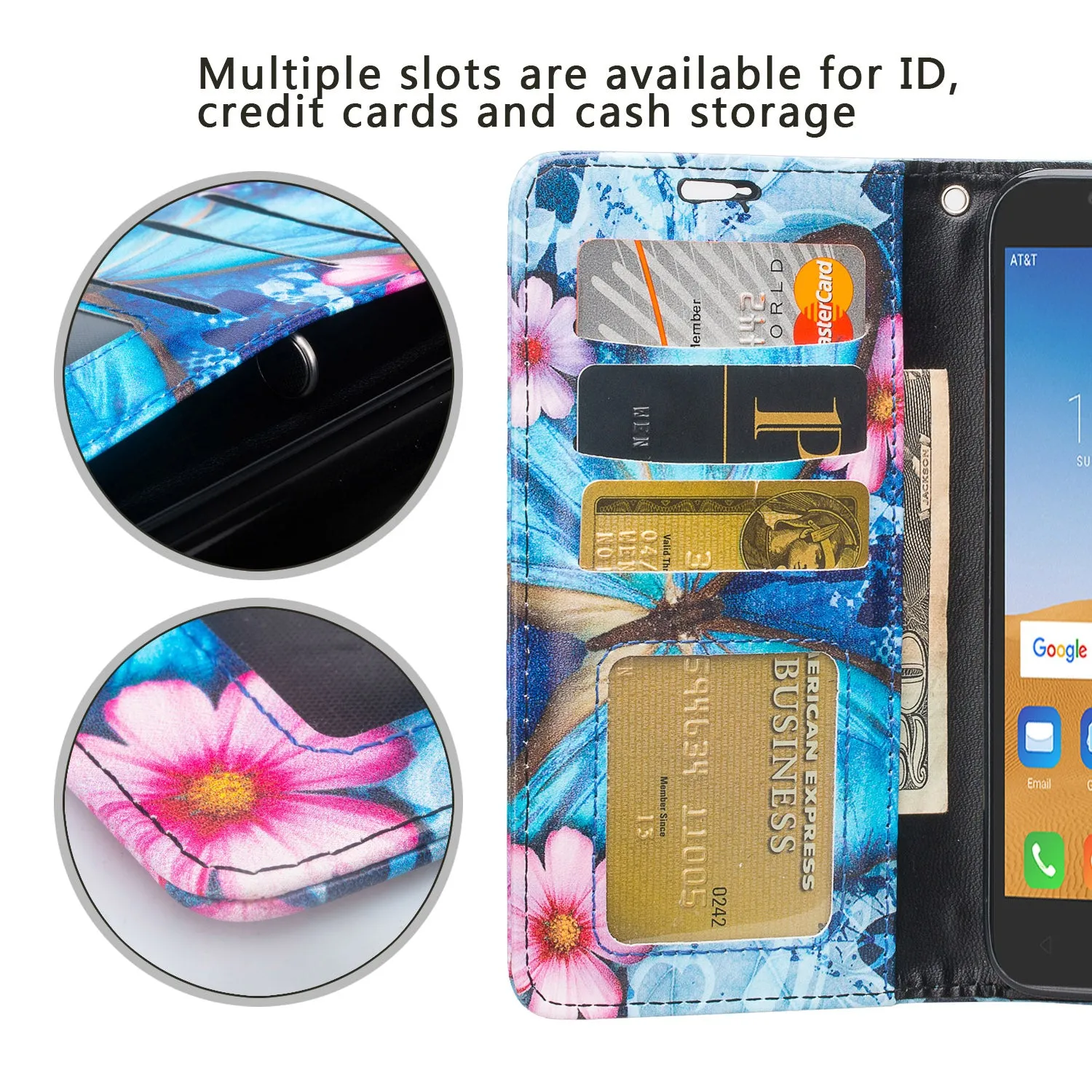 Alcatel Tetra Case, Tetra Wallet Case, Wrist Strap Pu Leather Wallet Case [Kickstand] with ID & Credit Card Slots - Blue Butterfly