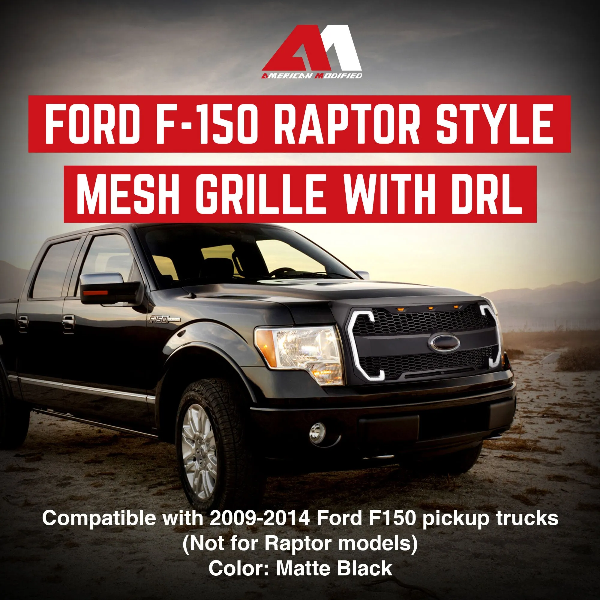 AMERICAN MODIFIED Raptor Style Mesh Grille for 2009-2014 Ford F150, Matte Black