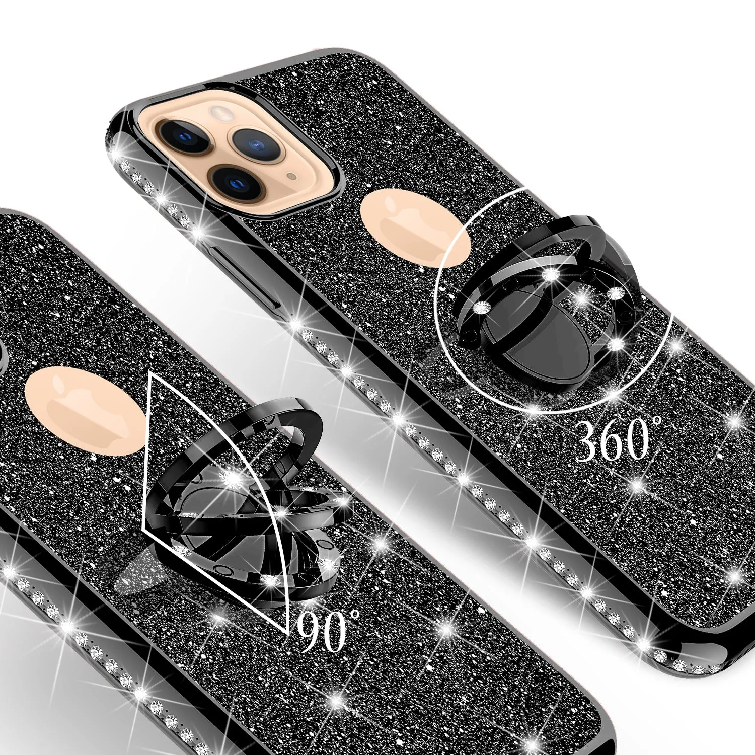 Apple iPhone 11 Pro Case, Glitter Cute Phone Case Girls with Kickstand,Bling Diamond Rhinestone Bumper Ring Stand Sparkly Luxury Clear Thin Soft Protective Apple iPhone 11 Pro Case for Girl Women - Black