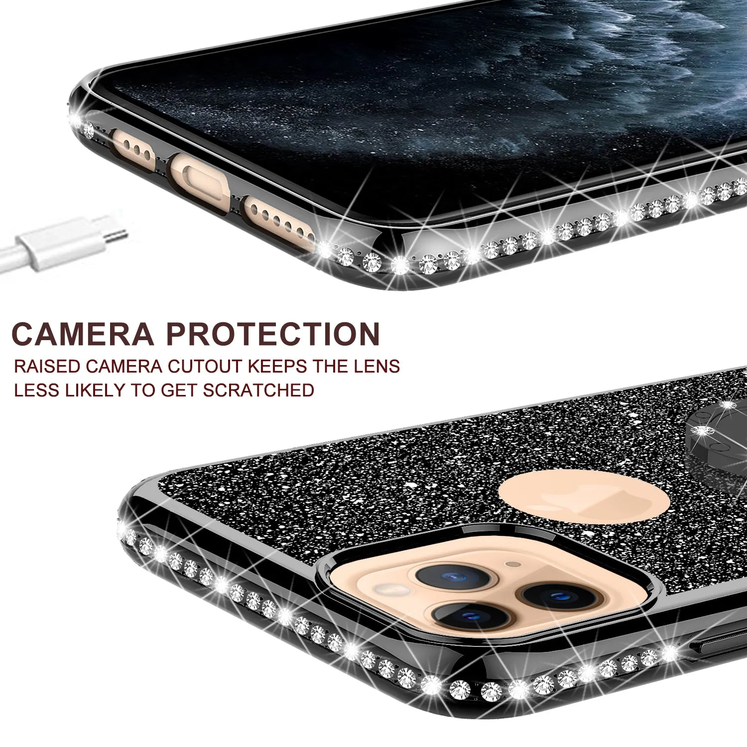 Apple iPhone 11 Pro Case, Glitter Cute Phone Case Girls with Kickstand,Bling Diamond Rhinestone Bumper Ring Stand Sparkly Luxury Clear Thin Soft Protective Apple iPhone 11 Pro Case for Girl Women - Black