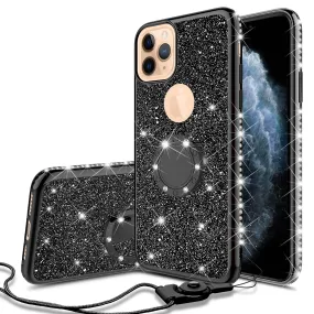 Apple iPhone 11 Pro Case, Glitter Cute Phone Case Girls with Kickstand,Bling Diamond Rhinestone Bumper Ring Stand Sparkly Luxury Clear Thin Soft Protective Apple iPhone 11 Pro Case for Girl Women - Black