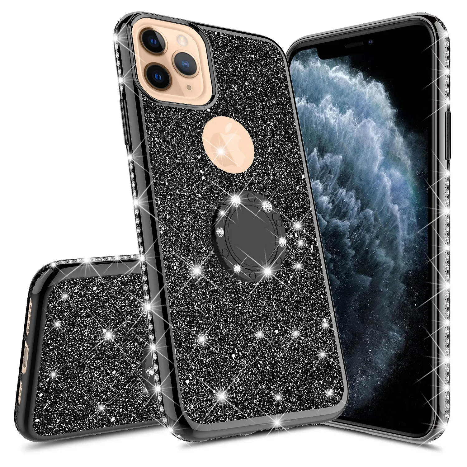 Apple iPhone 11 Pro Case, Glitter Cute Phone Case Girls with Kickstand,Bling Diamond Rhinestone Bumper Ring Stand Sparkly Luxury Clear Thin Soft Protective Apple iPhone 11 Pro Case for Girl Women - Black