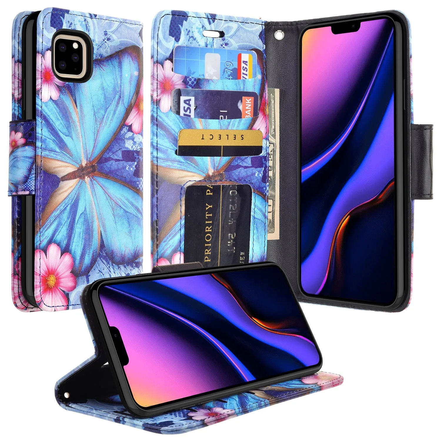 Apple iPhone 11 Pro Case, iPhone 11 Pro Wallet Case, Wrist Strap Pu Leather Wallet Case [Kickstand] with ID & Credit Card Slots - Blue Butterfly