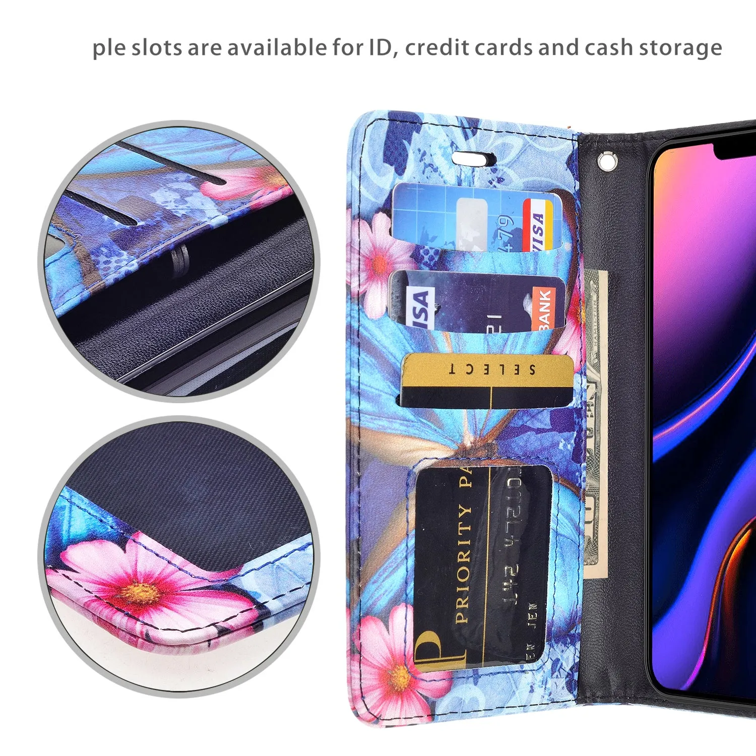 Apple iPhone 11 Pro Case, iPhone 11 Pro Wallet Case, Wrist Strap Pu Leather Wallet Case [Kickstand] with ID & Credit Card Slots - Blue Butterfly