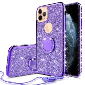 Apple iPhone 12 mini Case, Glitter Cute Phone Case Girls with Kickstand,Bling Diamond Rhinestone Bumper Ring Stand Sparkly Luxury Clear Thin Soft Protective Apple iPhone 12 mini Case for Girl Women - Purple