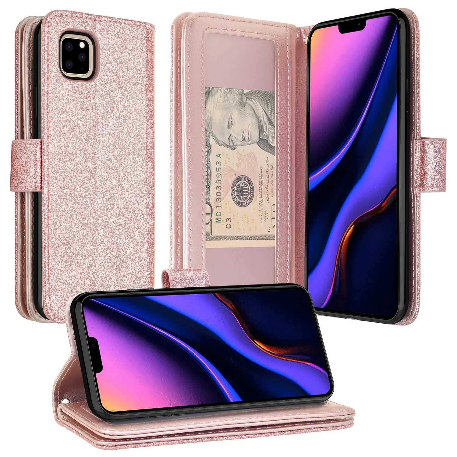 Apple iPhone 12 Pro Max Case, iPhone 12 Pro Max Case, Glitter Faux Leather Flip Credit Card Holder Wrist Strap Shockproof Protective Wallet Case Clutch for iPhone 12 Pro Max - Rose Gold