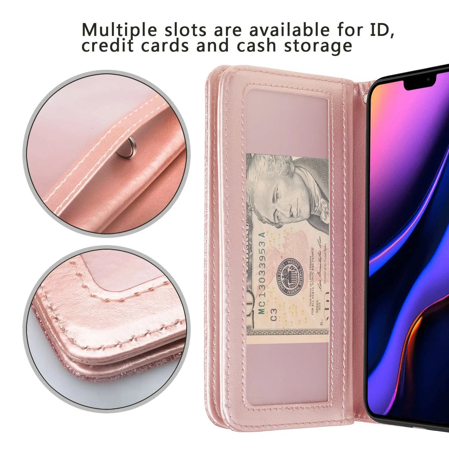 Apple iPhone 12 Pro Max Case, iPhone 12 Pro Max Case, Glitter Faux Leather Flip Credit Card Holder Wrist Strap Shockproof Protective Wallet Case Clutch for iPhone 12 Pro Max - Rose Gold