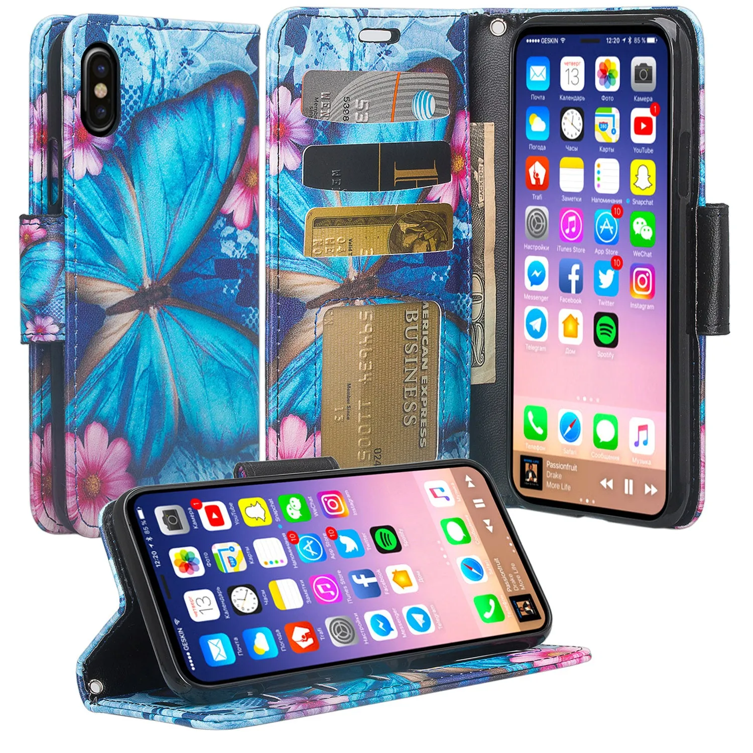 Apple iPhone XS Max Case, Apple A1921 Case, Wrist Strap Faux Leather Flip [Kickstand] Protective Wallet Case Cover - Blue Butterfly