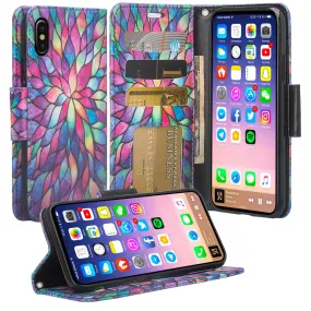 Apple iPhone XS Max Case, Apple A1921 Case, Wrist Strap Faux Leather Flip [Kickstand] Protective Wallet Case Cover - Rainbow Flower