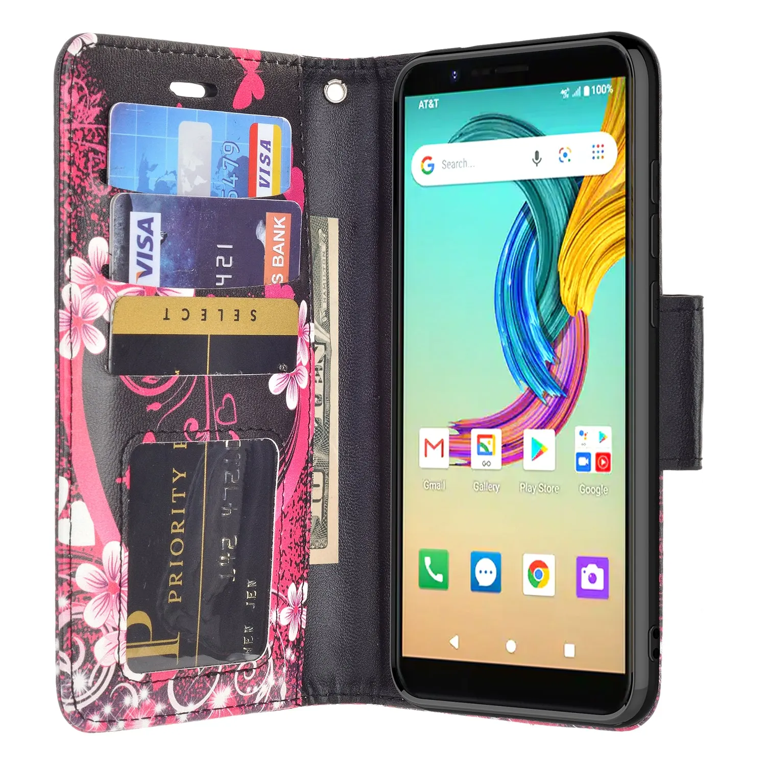 AT&T Fusion Z / Motivate Case, AT&T Fusion Z / Motivate Wallet Case, Wrist Strap Pu Leather Wallet Case [Kickstand] with ID & Credit Card Slots - Heart Butterflies