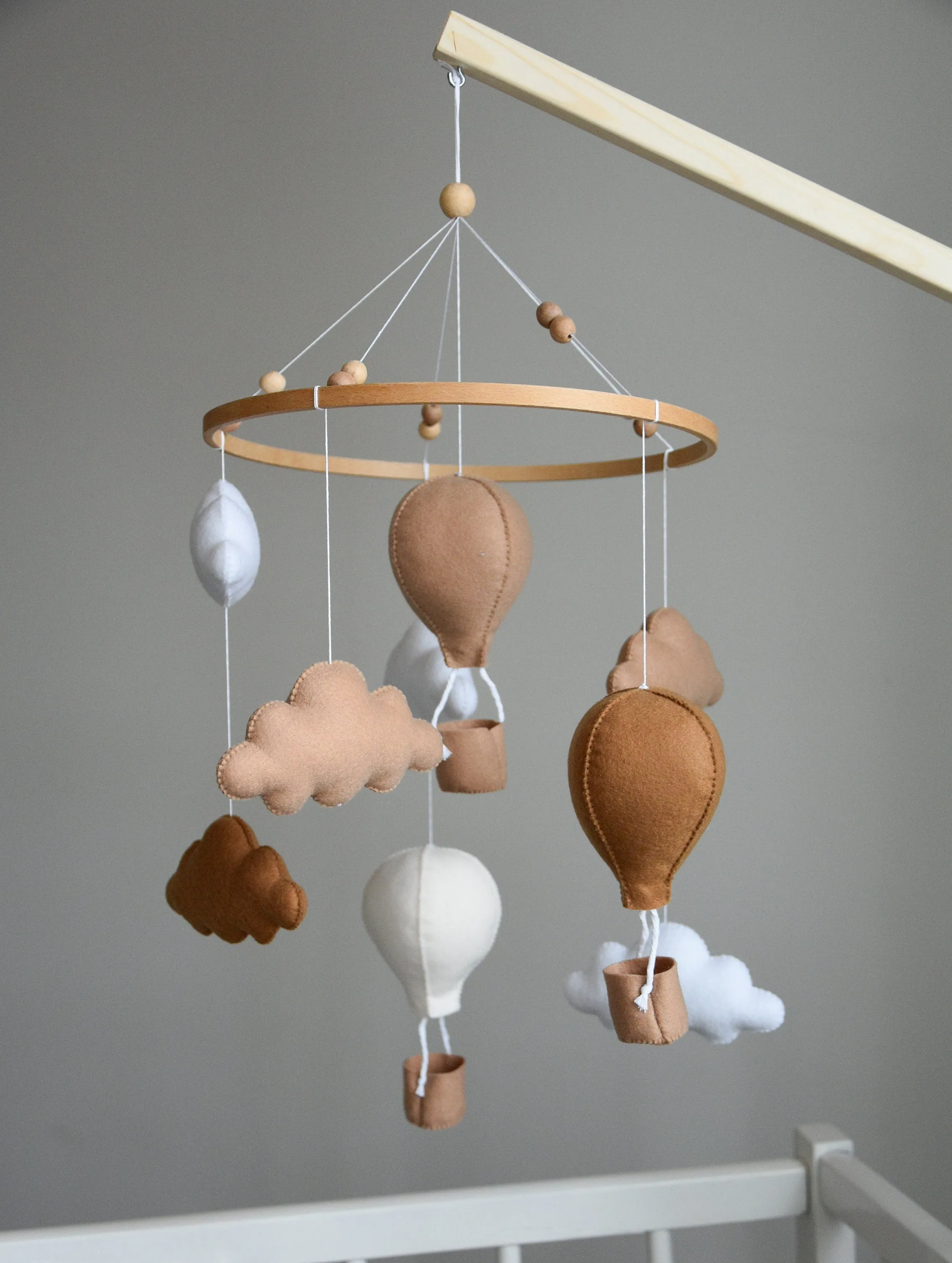 Beige and Brown air balloon mobile with clouds