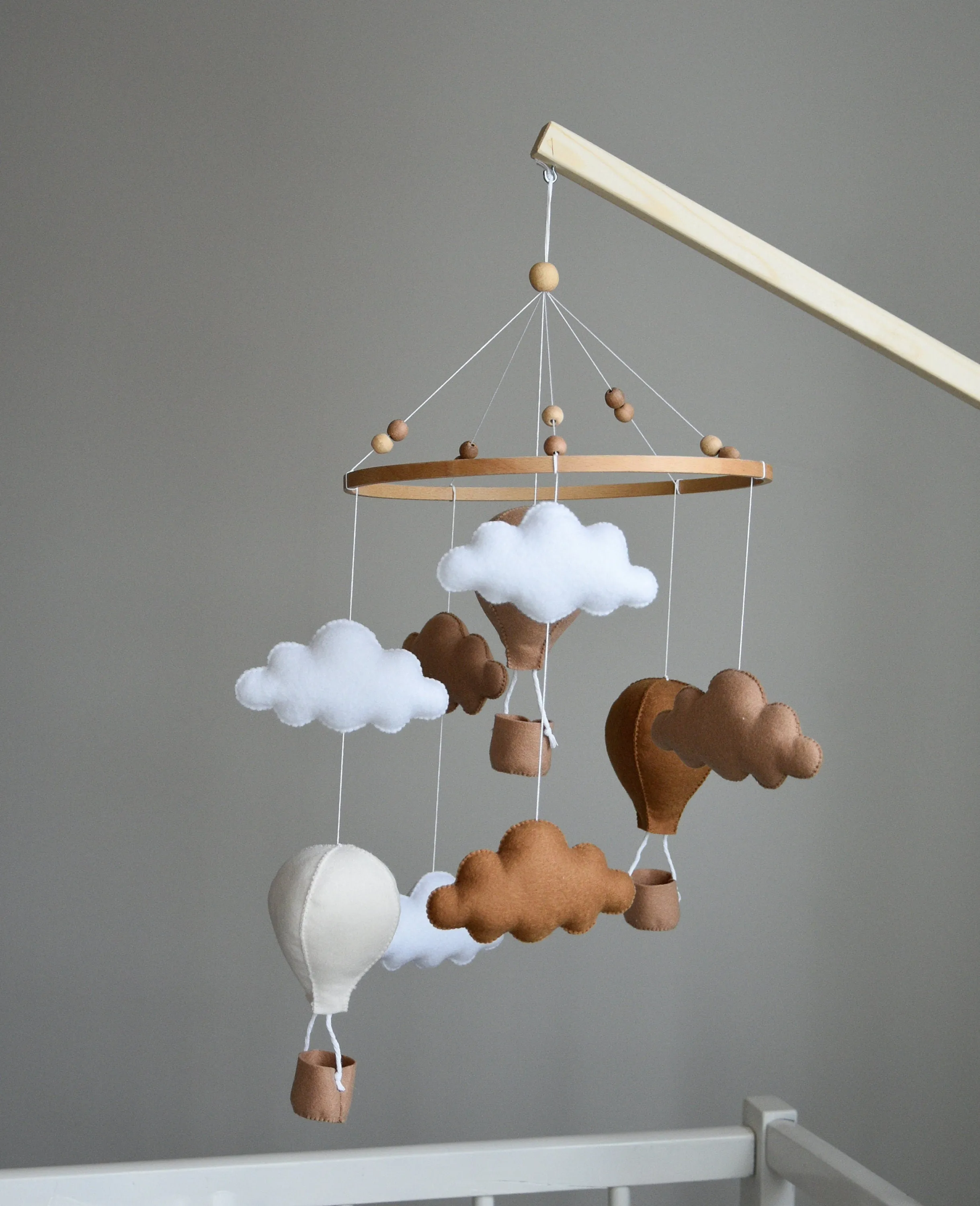 Beige and Brown air balloon mobile with clouds