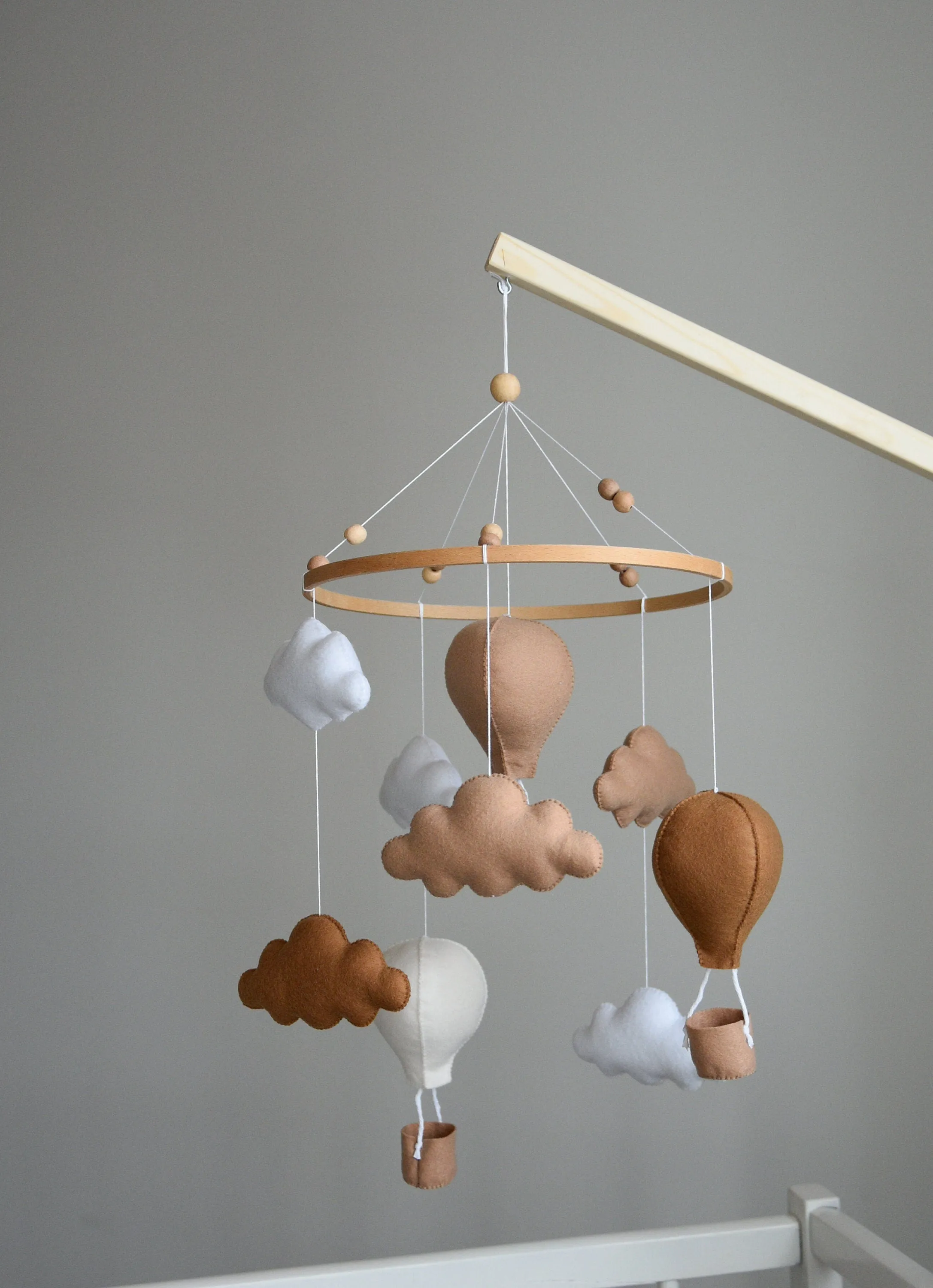 Beige and Brown air balloon mobile with clouds