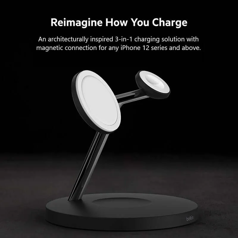 Belkin WIZ017myBK BoostCharge Pro 3-in-1 Wireless Charger with MagSafe 15W