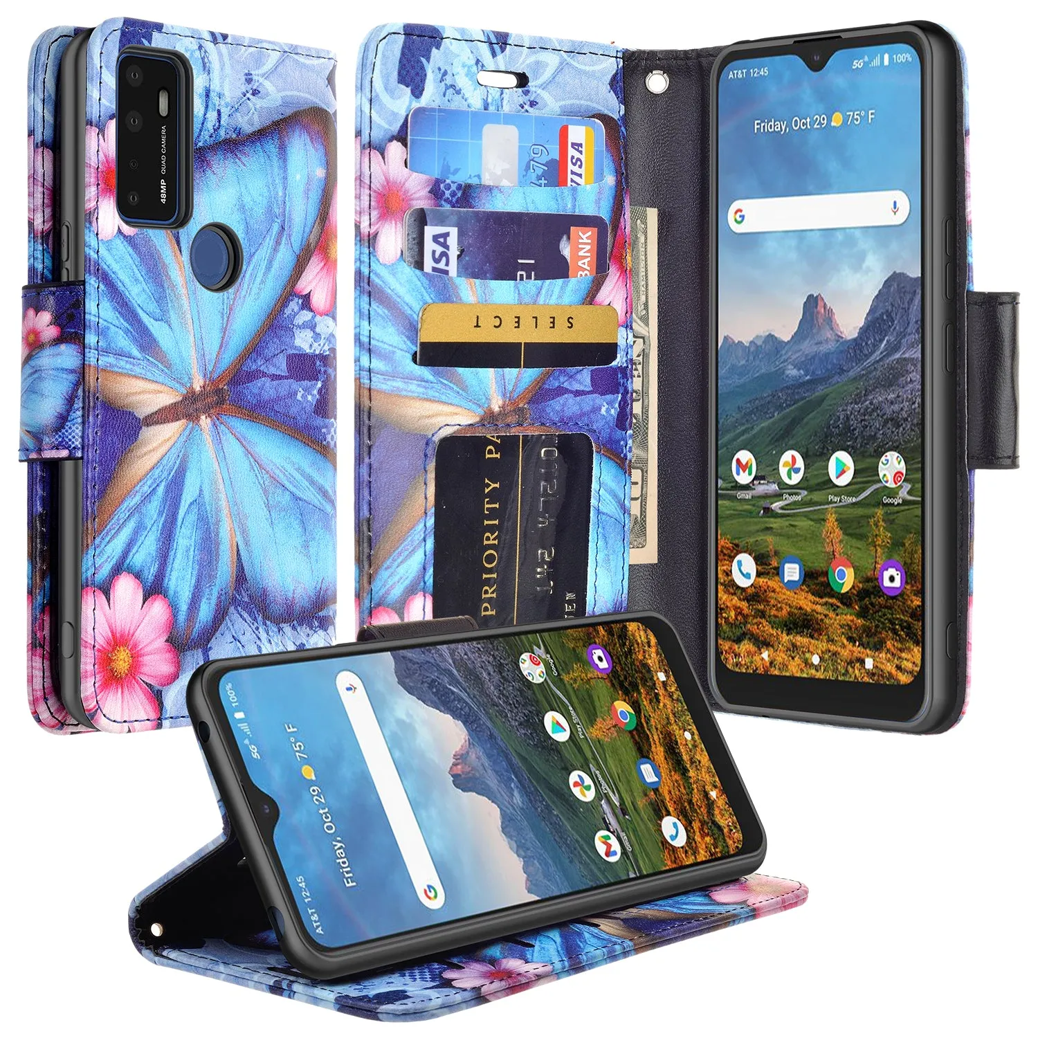 Cricket Dream 5G  Case, AT&T Radiant Max 5G / AT&T Fusion 5G Wallet Case, Wrist Strap Pu Leather Wallet Case [Kickstand] with ID & Credit Card Slots - Blue Butterfly