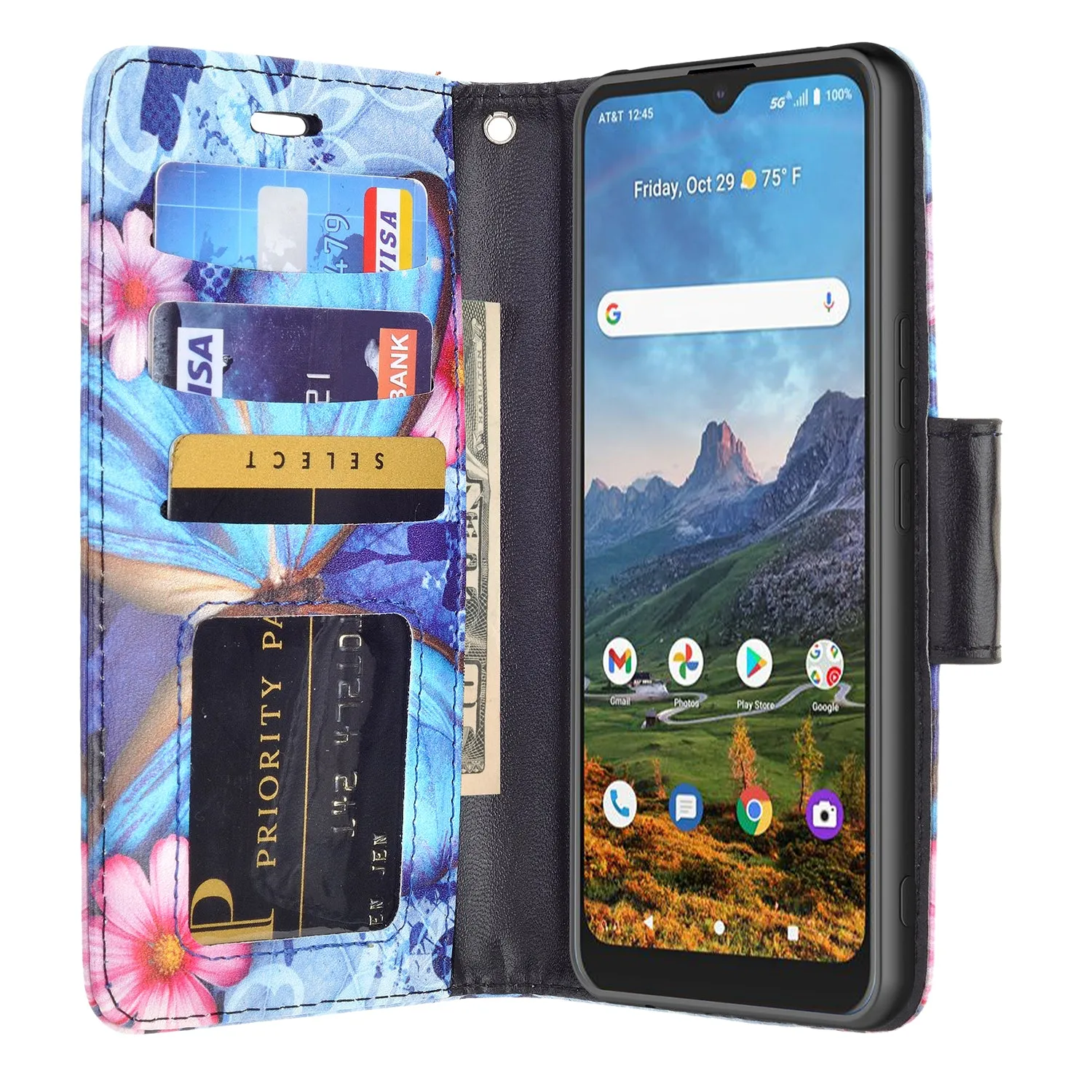 Cricket Dream 5G  Case, AT&T Radiant Max 5G / AT&T Fusion 5G Wallet Case, Wrist Strap Pu Leather Wallet Case [Kickstand] with ID & Credit Card Slots - Blue Butterfly