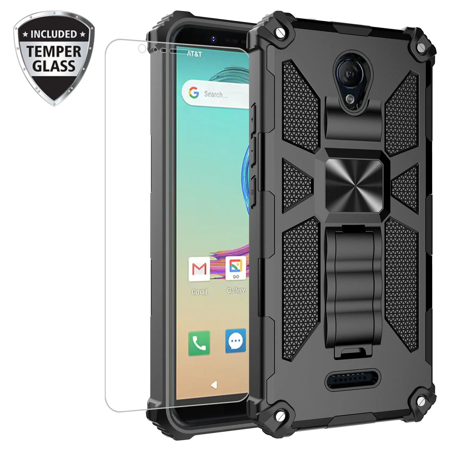 Cricket Icon 2 Case [Military Grade] Ring Car Mount Kickstand w/[Tempered Glass] Hybrid Hard PC Soft TPU Shockproof Protective Case - Black