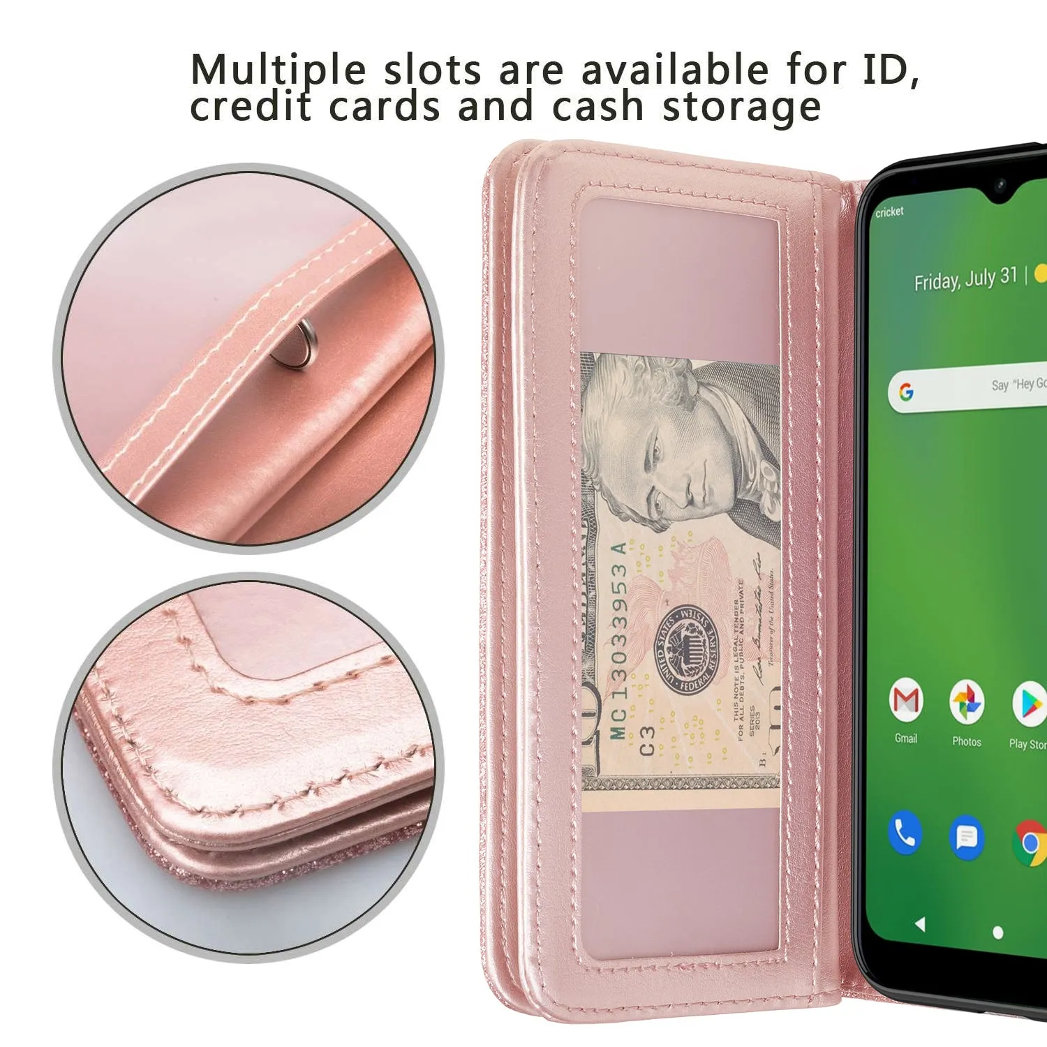 Cricket Ovation Case, AT&T Radiant Max Case, Glitter Faux Leather Flip Credit Card Holder Wrist Strap Shockproof Protective Wallet Case Clutch for Cricket Ovation/AT&T Radiant Max - Rose Gold