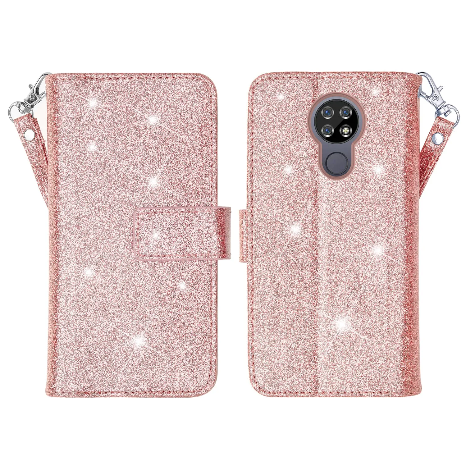 Cricket Ovation Case, AT&T Radiant Max Case, Glitter Faux Leather Flip Credit Card Holder Wrist Strap Shockproof Protective Wallet Case Clutch for Cricket Ovation/AT&T Radiant Max - Rose Gold