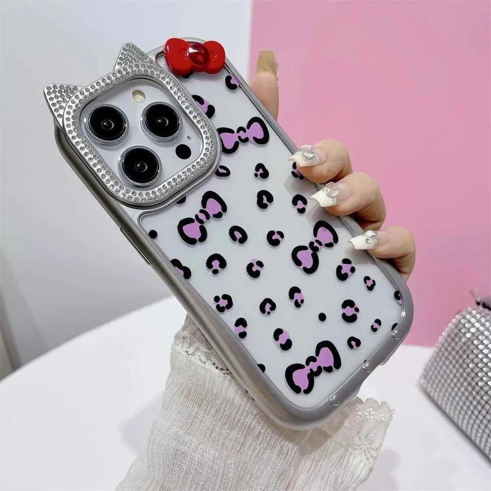 Cute Phone Cases: Leopard Bowknot Cat Ear Silver Case for iPhone 15/14/13/12 Pro Max - TSP313