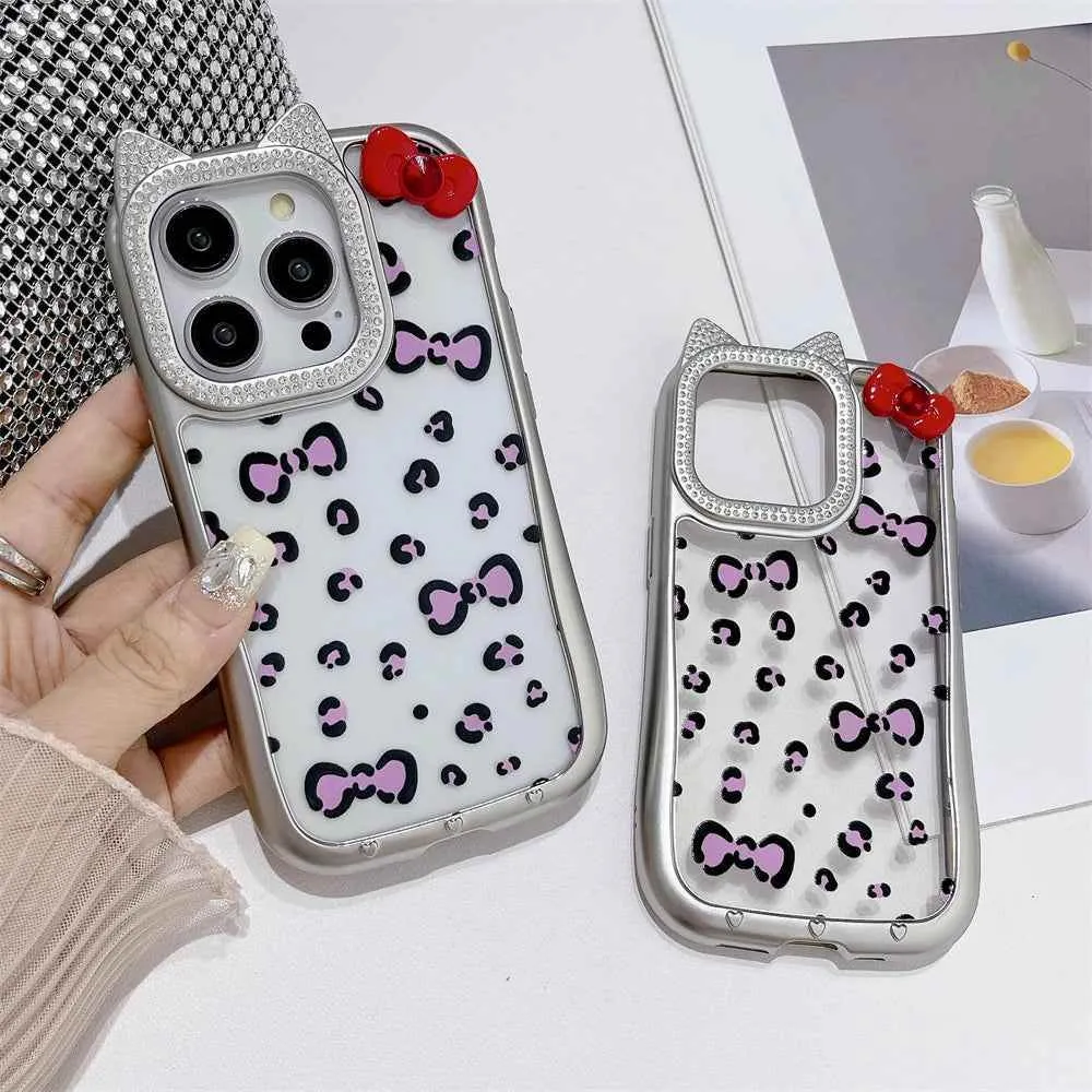 Cute Phone Cases: Leopard Bowknot Cat Ear Silver Case for iPhone 15/14/13/12 Pro Max - TSP313