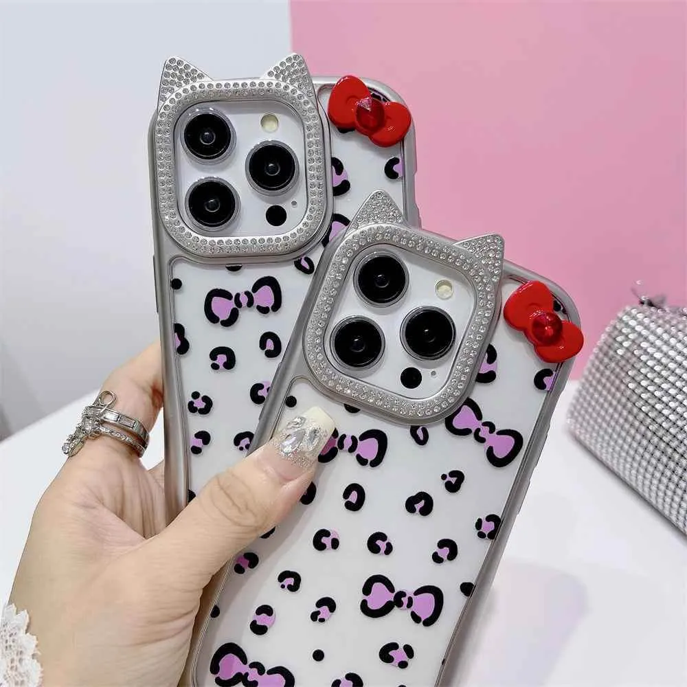 Cute Phone Cases: Leopard Bowknot Cat Ear Silver Case for iPhone 15/14/13/12 Pro Max - TSP313