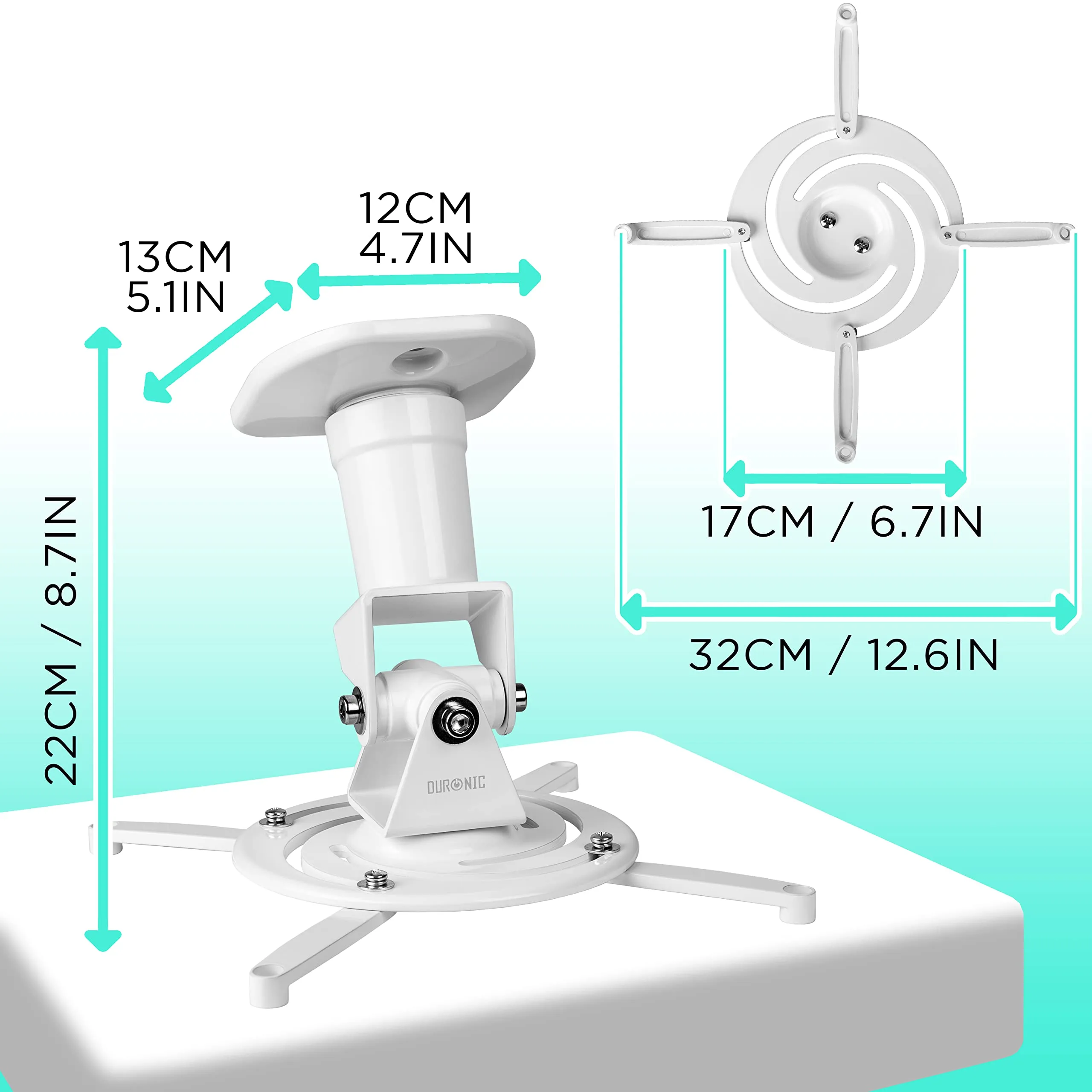 Duronic Projector Mount PB08XL | Extra Long Bracket Fixing for Ceiling | 10kg Capacity | Universal | Heavy Duty | Fittings Included | Rotate 360°, Swivel 180°, Tilt 180° for Easy Projection Set-up