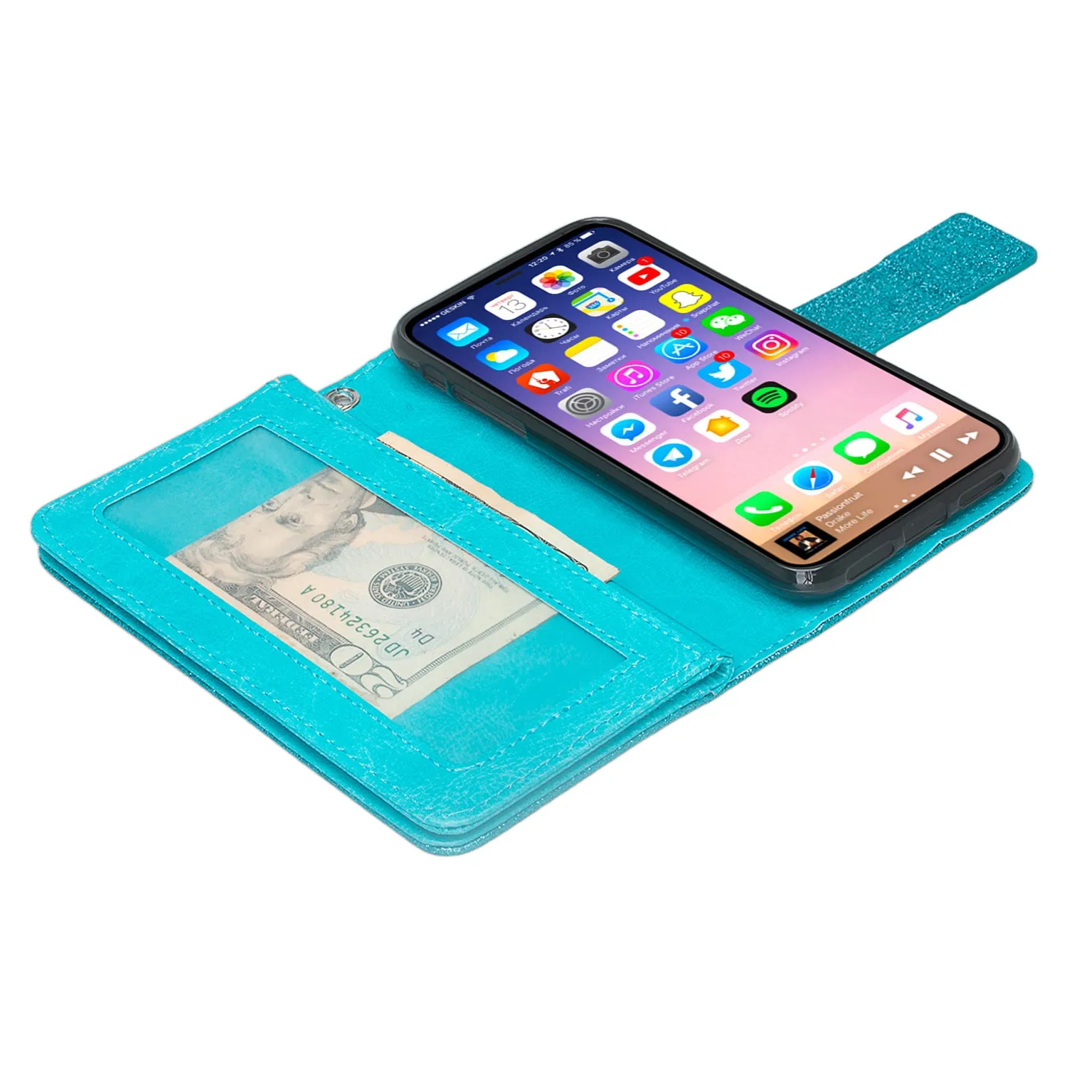 For Apple iPhone X | iPhone 10, Ten, [Wrist Strap] Glitter Faux Leather Flip [Kickstand Feature] Protective Wallet Case Clutch - Teal