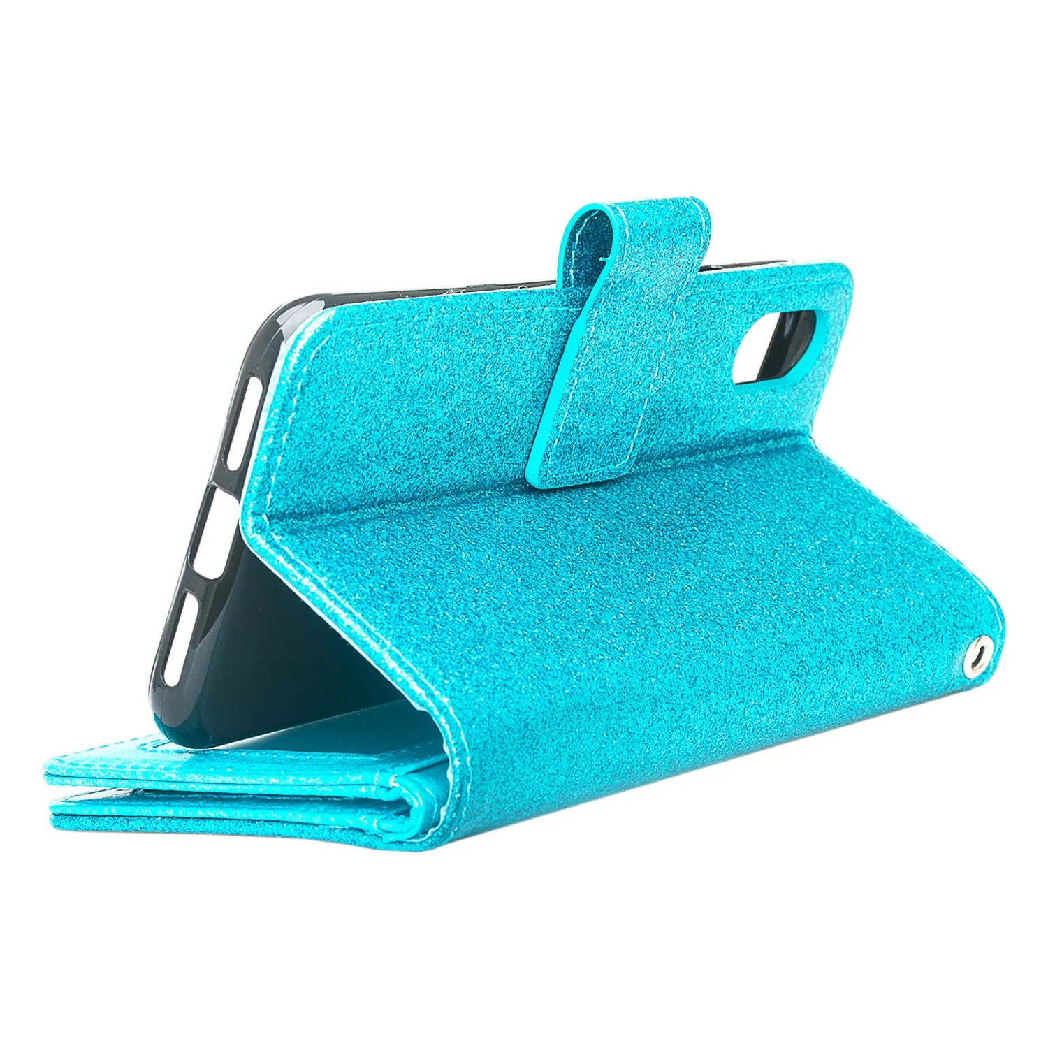 For Apple iPhone X | iPhone 10, Ten, [Wrist Strap] Glitter Faux Leather Flip [Kickstand Feature] Protective Wallet Case Clutch - Teal