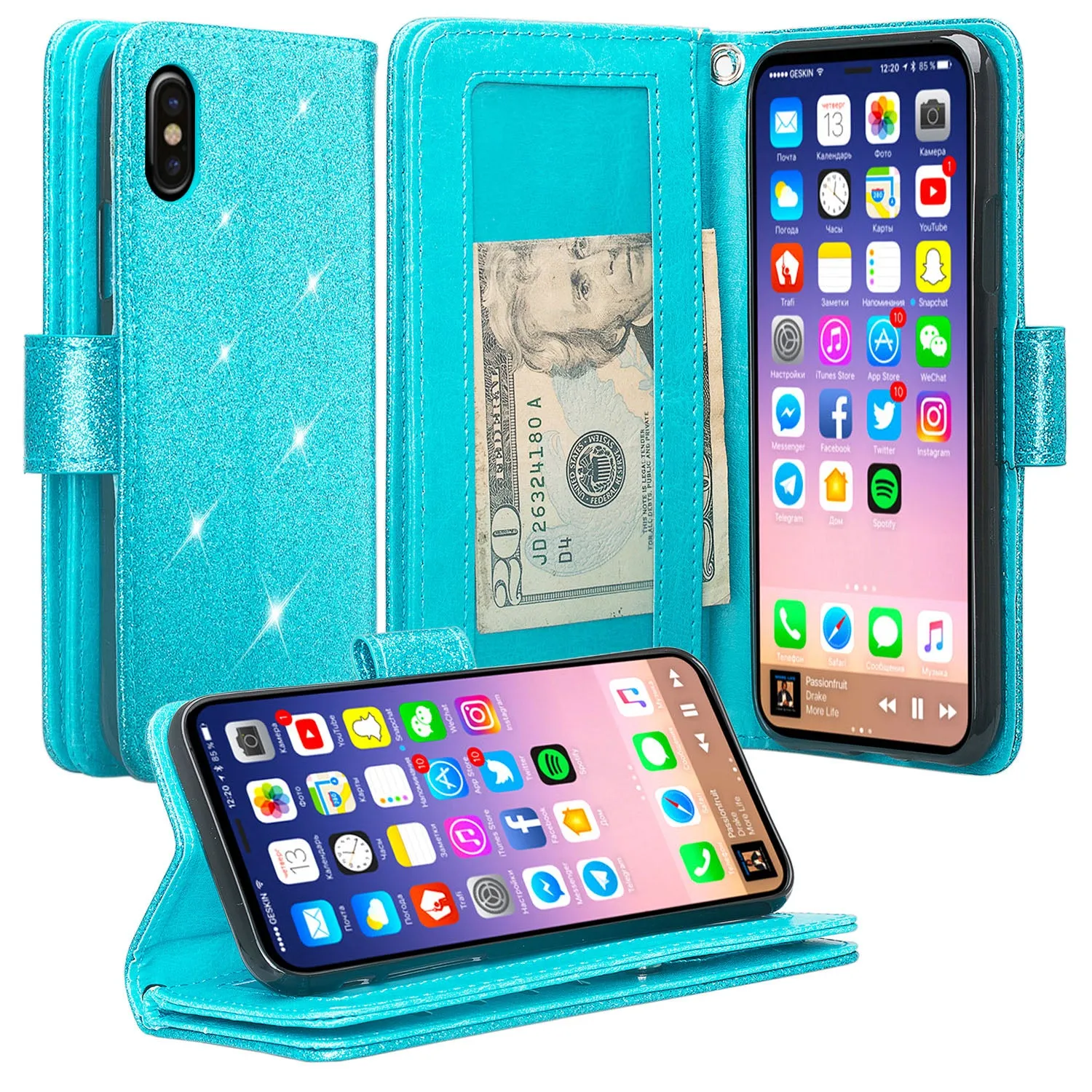 For Apple iPhone X | iPhone 10, Ten, [Wrist Strap] Glitter Faux Leather Flip [Kickstand Feature] Protective Wallet Case Clutch - Teal