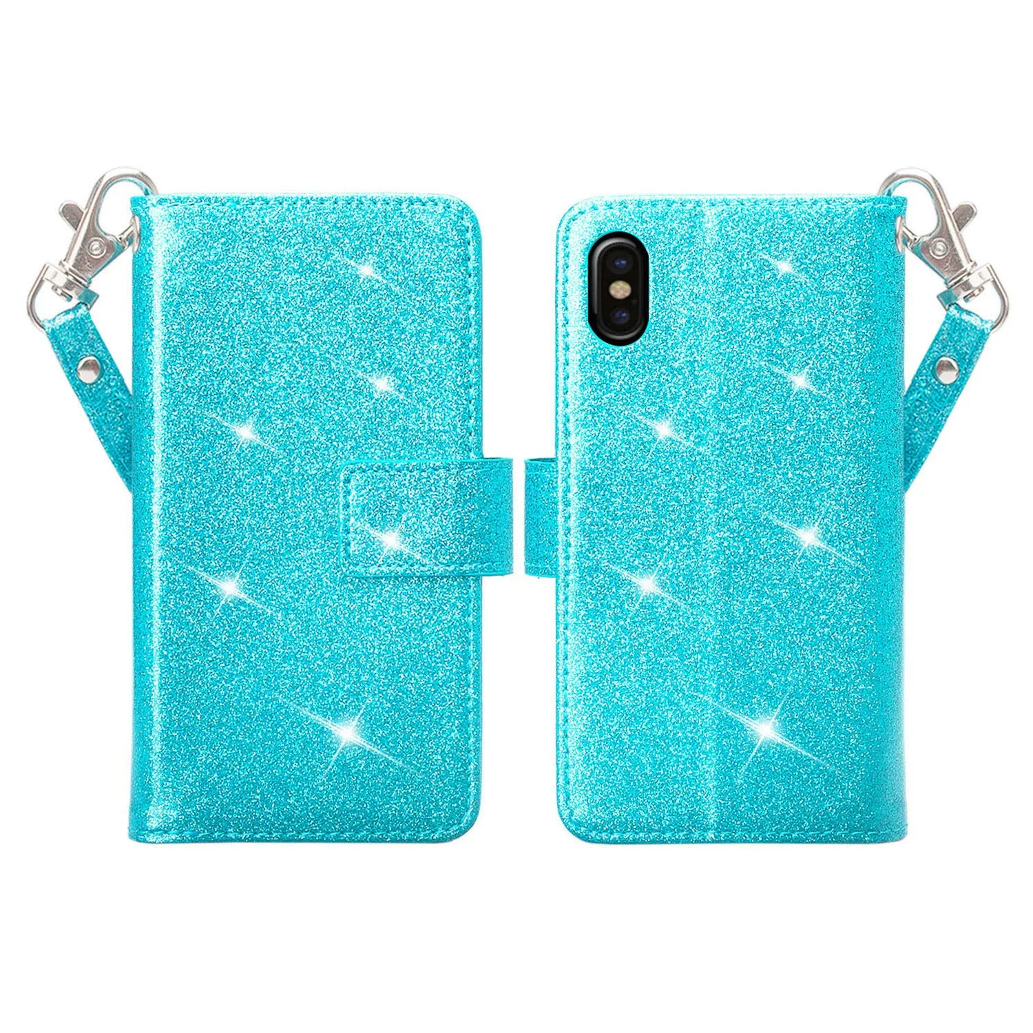 For Apple iPhone X | iPhone 10, Ten, [Wrist Strap] Glitter Faux Leather Flip [Kickstand Feature] Protective Wallet Case Clutch - Teal