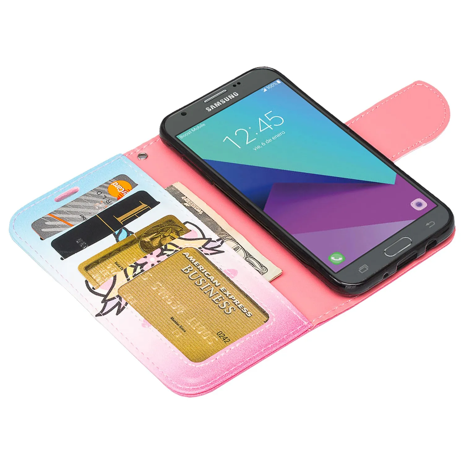 Galaxy J3 Emerge Case, Wrist Strap Magnetic Fold[Kickstand] Pu Leather Wallet Case with ID & Credit Card Slots for Samsung Galaxy J3 Emerge - White Unicorn