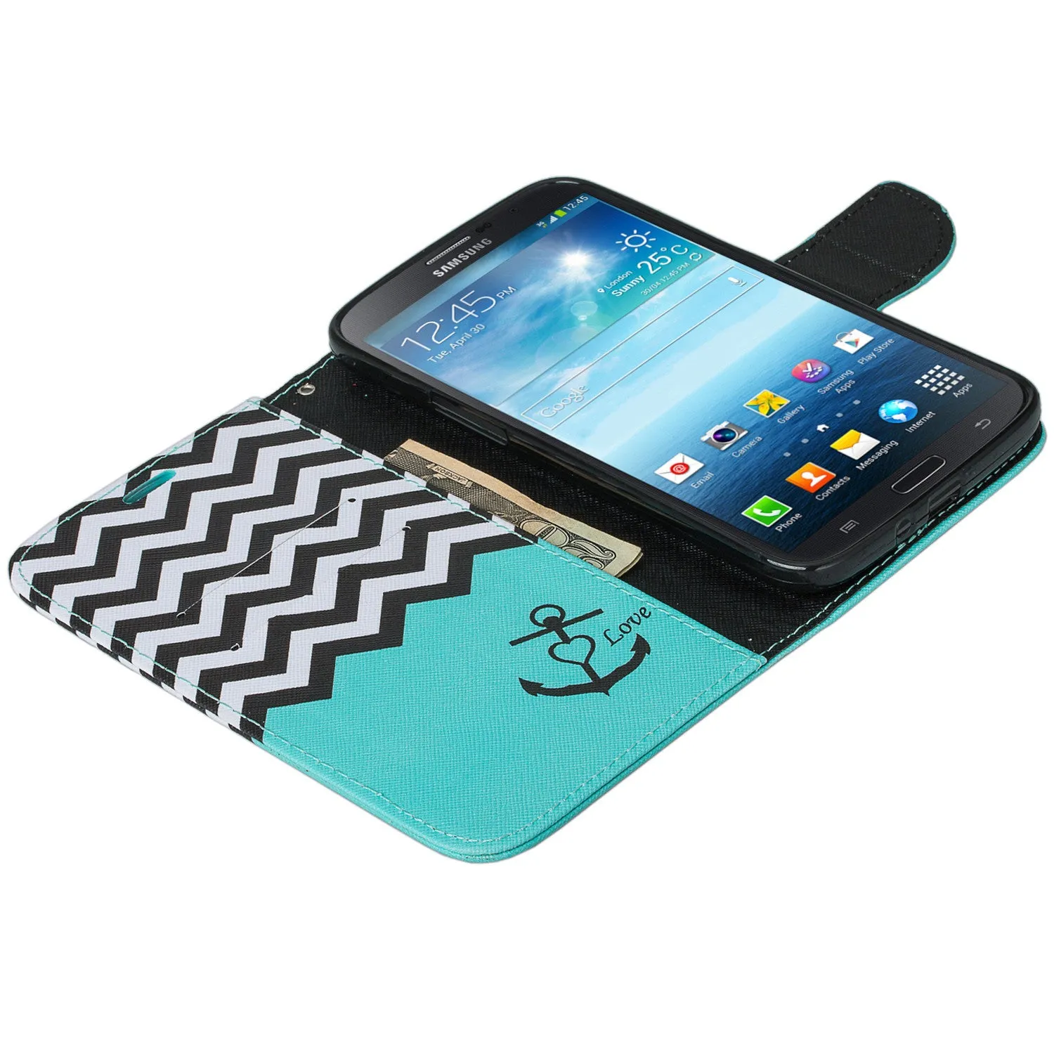 Galaxy Mega 6.3 Case, Wrist Strap Magnetic Fold[Kickstand] Pu Leather Wallet Case with ID & Credit Card Slots for Samsung Galaxy Mega 6.3 - Teal Anchor