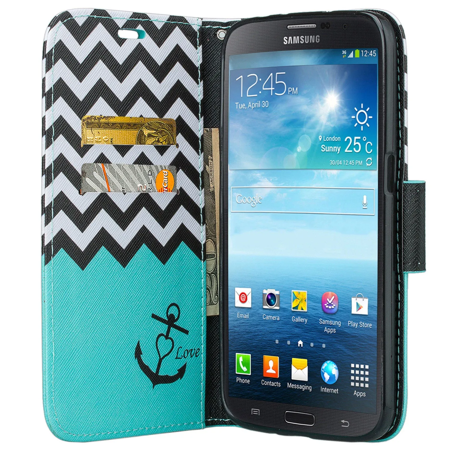 Galaxy Mega 6.3 Case, Wrist Strap Magnetic Fold[Kickstand] Pu Leather Wallet Case with ID & Credit Card Slots for Samsung Galaxy Mega 6.3 - Teal Anchor