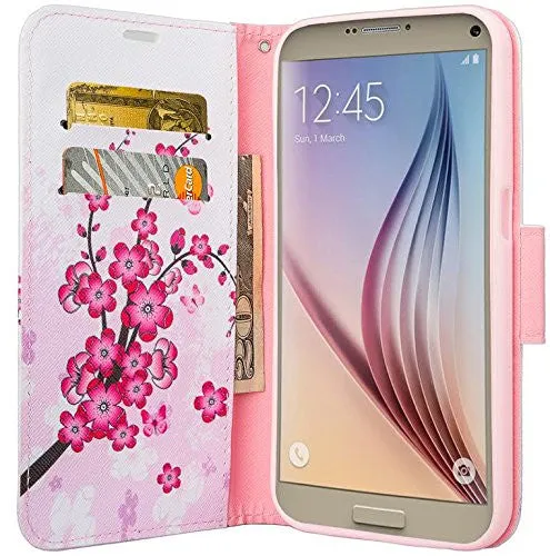 Galaxy Note 5 Case, Wrist Strap Magnetic Fold[Kickstand] Pu Leather Wallet Case with ID & Credit Card Slots for Samsung Galaxy Note 5 - Cherry Blossom