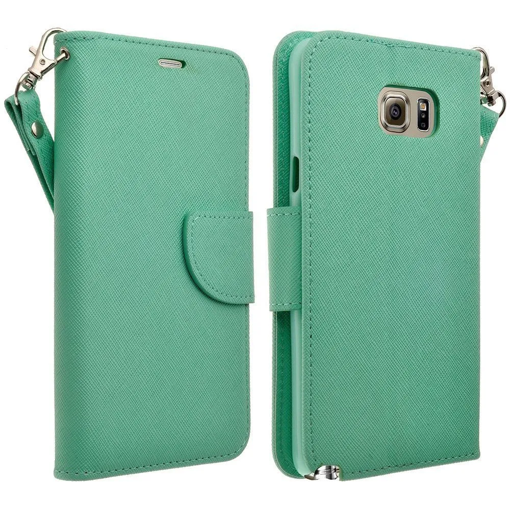 Galaxy Note 5 Case, Wrist Strap Magnetic Fold[Kickstand] Pu Leather Wallet Case with ID & Credit Card Slots for Samsung Galaxy Note 5 - Teal