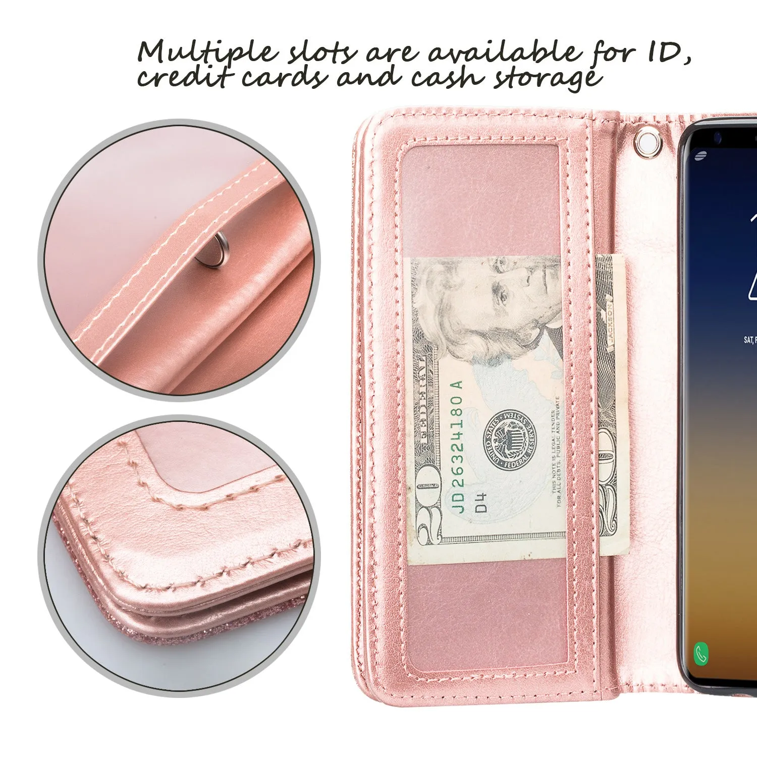 Galaxy S9 Case, Samsung Galaxy S9 Case, Glitter Faux Leather Flip Credit Card Holder Wrist Strap Shockproof Protective Wallet Case Clutch for Samsung Galaxy S9 - Rose Gold