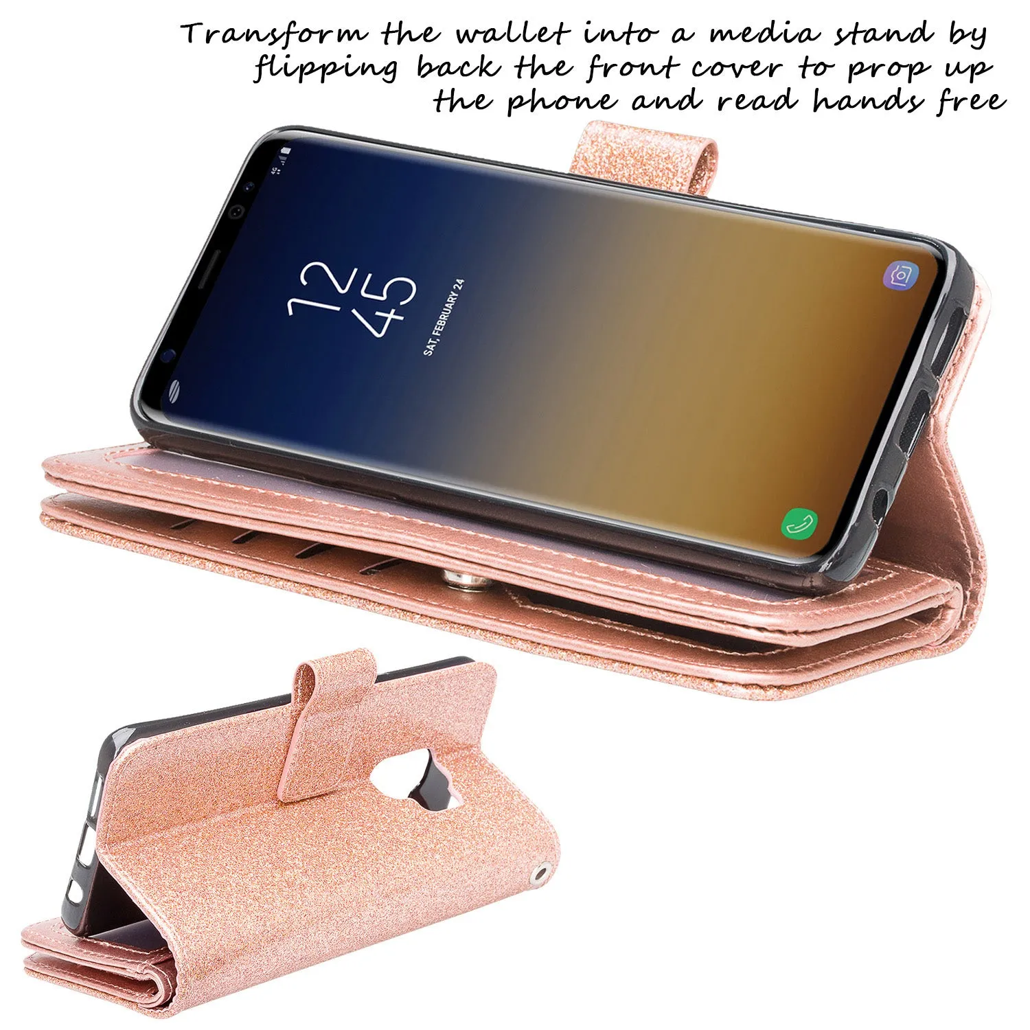 Galaxy S9 Case, Samsung Galaxy S9 Case, Glitter Faux Leather Flip Credit Card Holder Wrist Strap Shockproof Protective Wallet Case Clutch for Samsung Galaxy S9 - Rose Gold