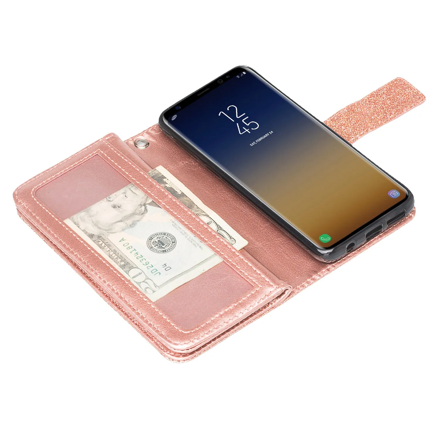 Galaxy S9 Case, Samsung Galaxy S9 Case, Glitter Faux Leather Flip Credit Card Holder Wrist Strap Shockproof Protective Wallet Case Clutch for Samsung Galaxy S9 - Rose Gold