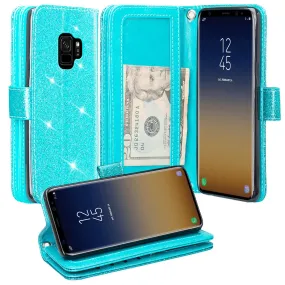 Galaxy S9 Case, Samsung Galaxy S9 Case, Glitter Faux Leather Flip Credit Card Holder Wrist Strap Shockproof Protective Wallet Case Clutch for Samsung Galaxy S9 - Teal