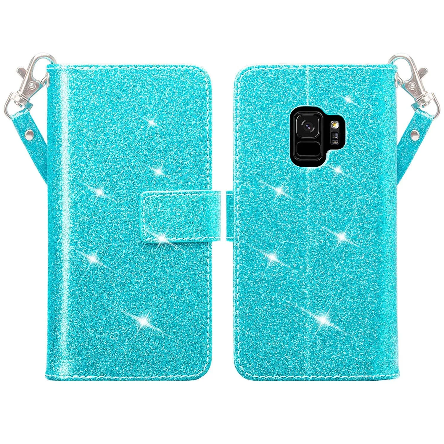 Galaxy S9 Case, Samsung Galaxy S9 Case, Glitter Faux Leather Flip Credit Card Holder Wrist Strap Shockproof Protective Wallet Case Clutch for Samsung Galaxy S9 - Teal