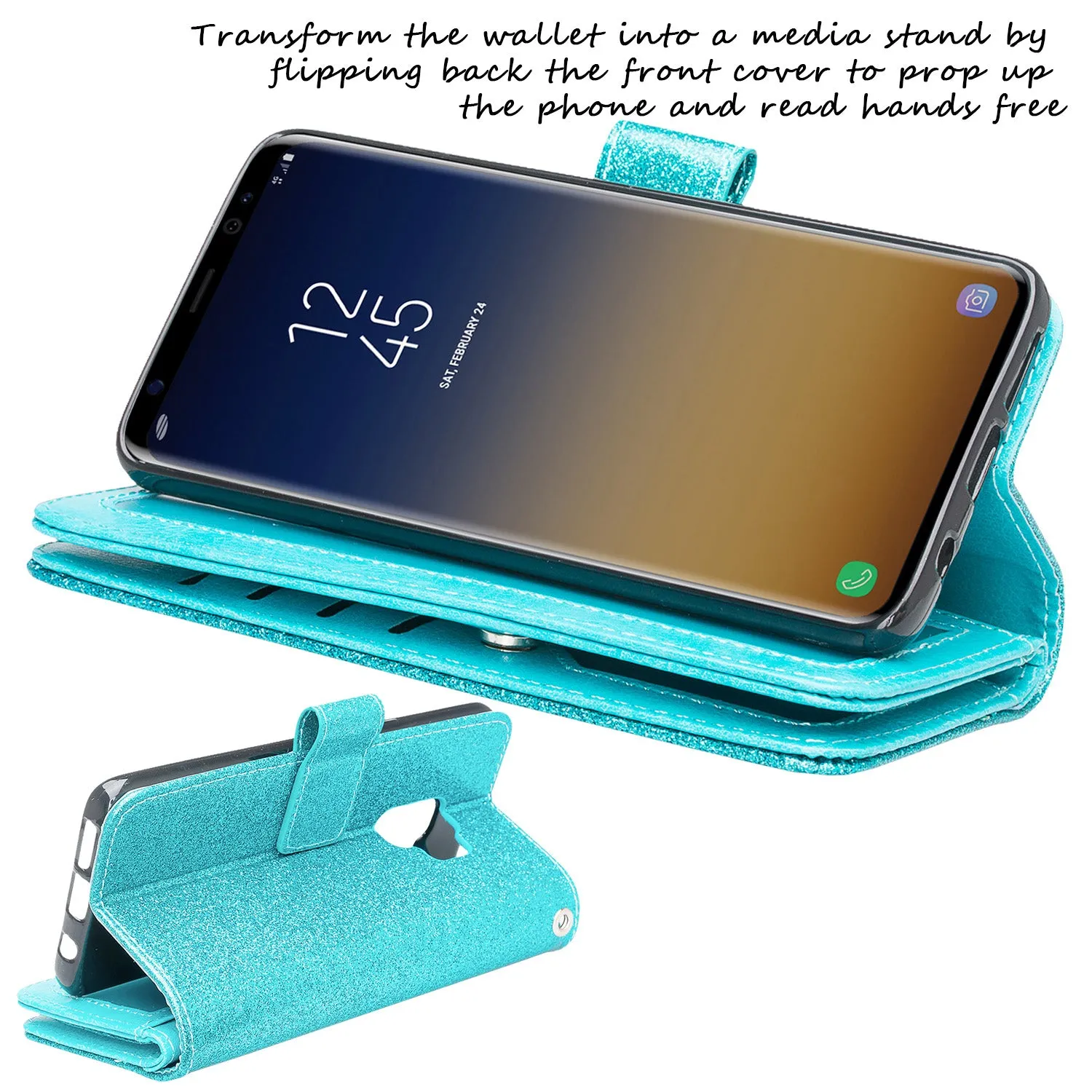 Galaxy S9 Case, Samsung Galaxy S9 Case, Glitter Faux Leather Flip Credit Card Holder Wrist Strap Shockproof Protective Wallet Case Clutch for Samsung Galaxy S9 - Teal