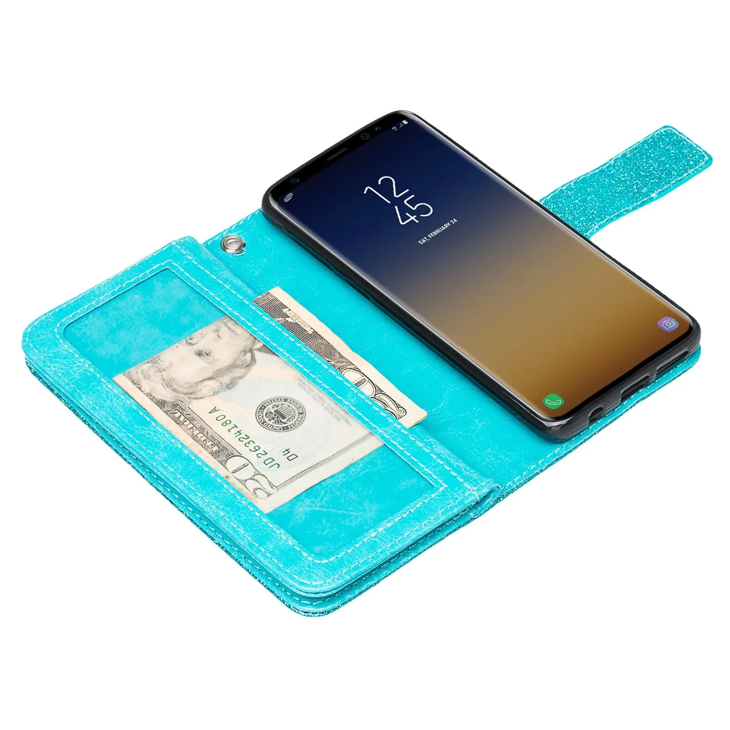 Galaxy S9 Case, Samsung Galaxy S9 Case, Glitter Faux Leather Flip Credit Card Holder Wrist Strap Shockproof Protective Wallet Case Clutch for Samsung Galaxy S9 - Teal