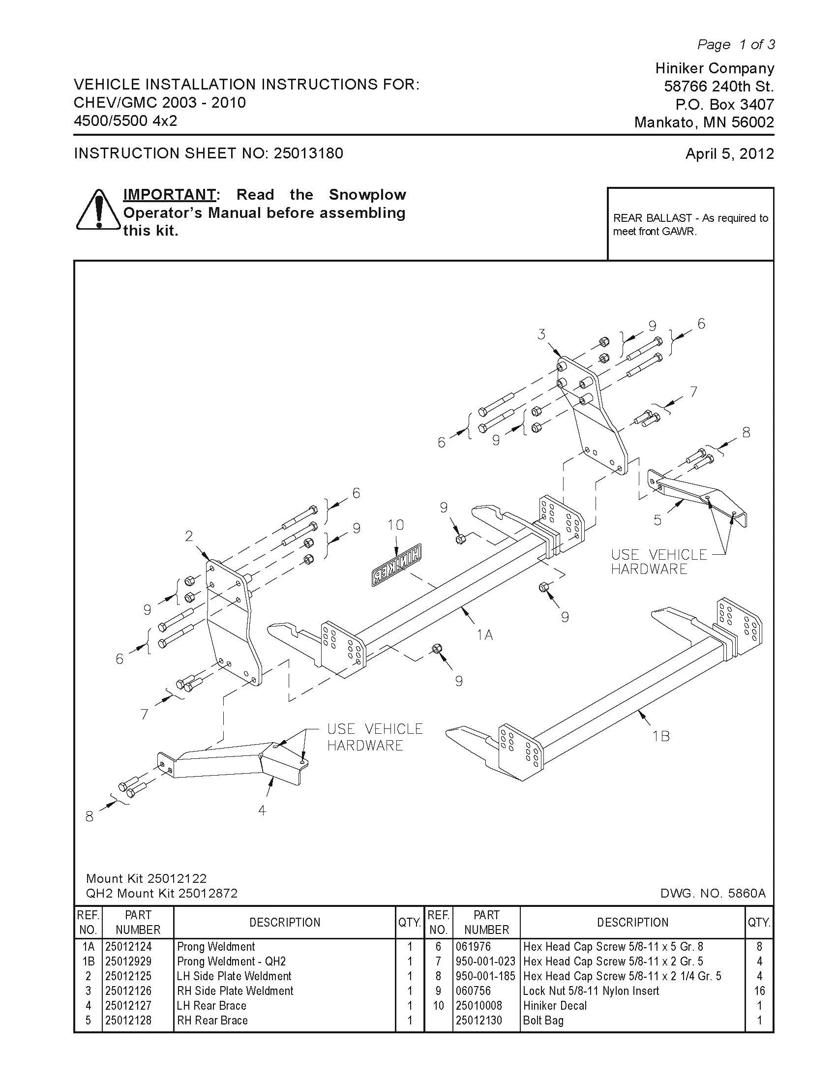 Hiniker Snowplow Mount - Quick Hitch 1 (QH1), 2003-2010 Chevy/GMC 4500-5500 2WD, 25012122