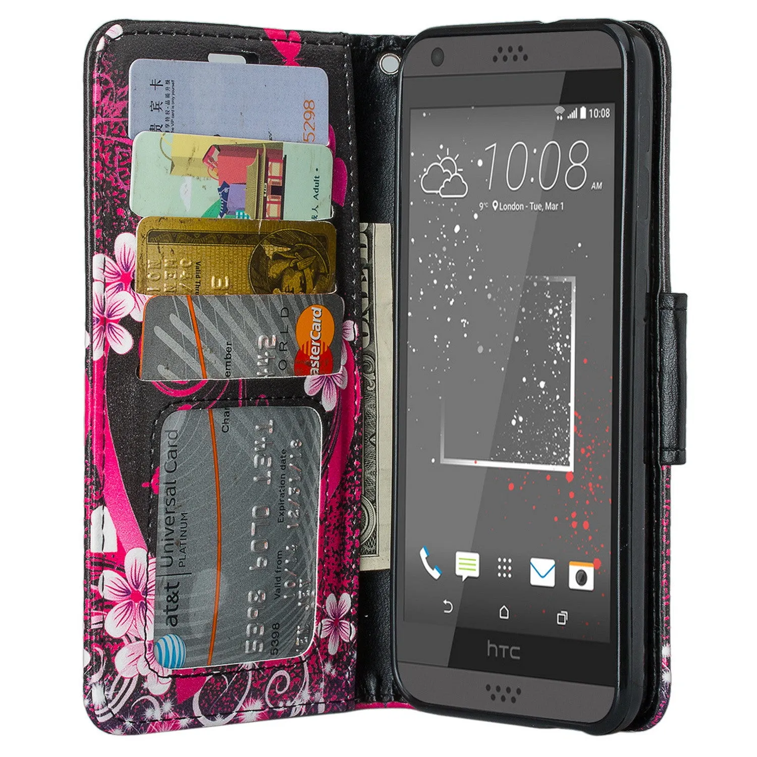 HTC Desire 530 Case, Wrist Strap Pu Leather Magnetic Flip Fold[Kickstand] Wallet Case with ID & Card Slots for Desire 530 - Heart Butterflies