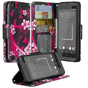 HTC Desire 530 Case, Wrist Strap Pu Leather Magnetic Flip Fold[Kickstand] Wallet Case with ID & Card Slots for Desire 530 - Heart Butterflies