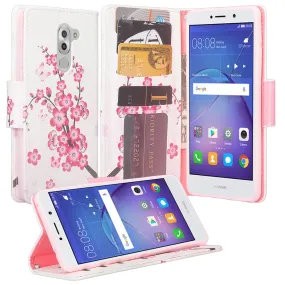 Huawei Mate 9 Lite, Honor 6X, GR5 2017  Wrist Strap Pu Leather Magnetic Flip Fold[Kickstand] Wallet Case with ID & Card Slots for Mate 9 Lite - Cherry Blossom